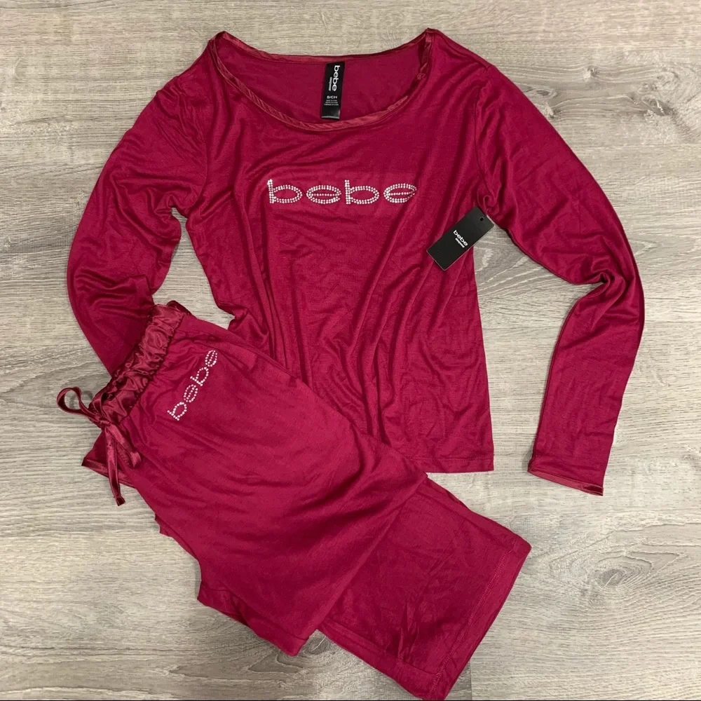 *NWT Bebe Logo Embellished Rhinestone Logo Pajama Sleepwear Set - Picture 1 of 5